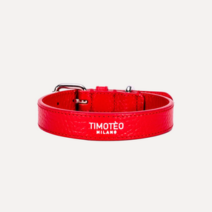 Collare in pelle rossa con fibbia metallica e logo TIMOTEO MILANO