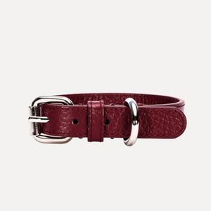 Collare in pelle bordeaux con fibbia argento e passante regolabile