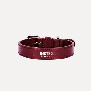Collare in pelle bordeaux con fibbia metallica e logo TIMOTEO MILANO