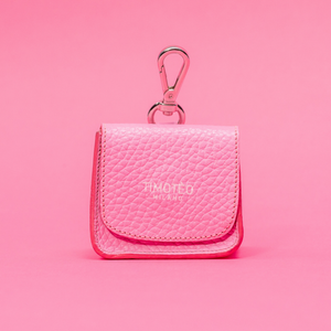 Porta sacchetti in pelle rosa Flamingo con logo frontale e gancio ad anello