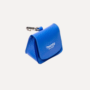 Porta sacchetti in pelle blu Santorini a bustina con chiusura e moschettone