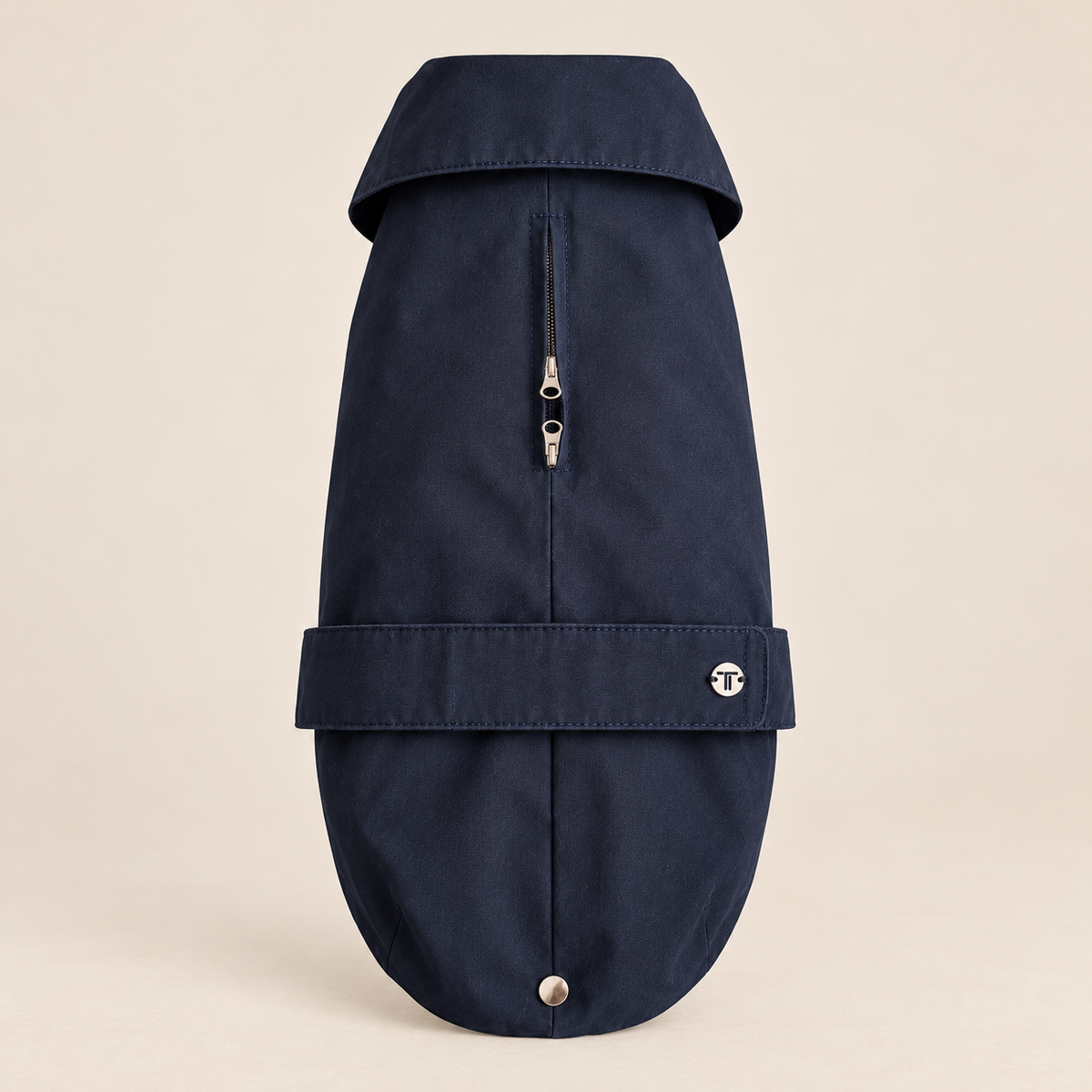 Giacca blu notte con cappuccio, zip centrale e bottone in metallo frontale