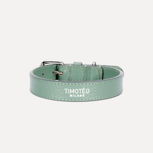 Collare in pelle verde mint con fibbia ad anello e scritta TIMOTEO MILANO