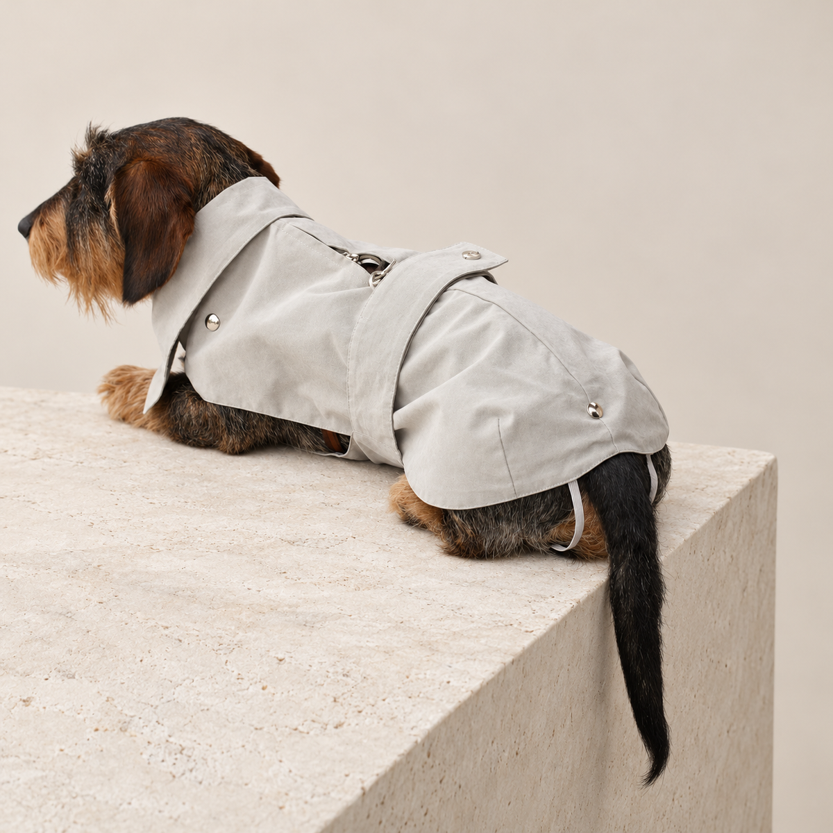 Giacca per cane beige chiara con zip frontale e bottoni laterali, taglio aderente