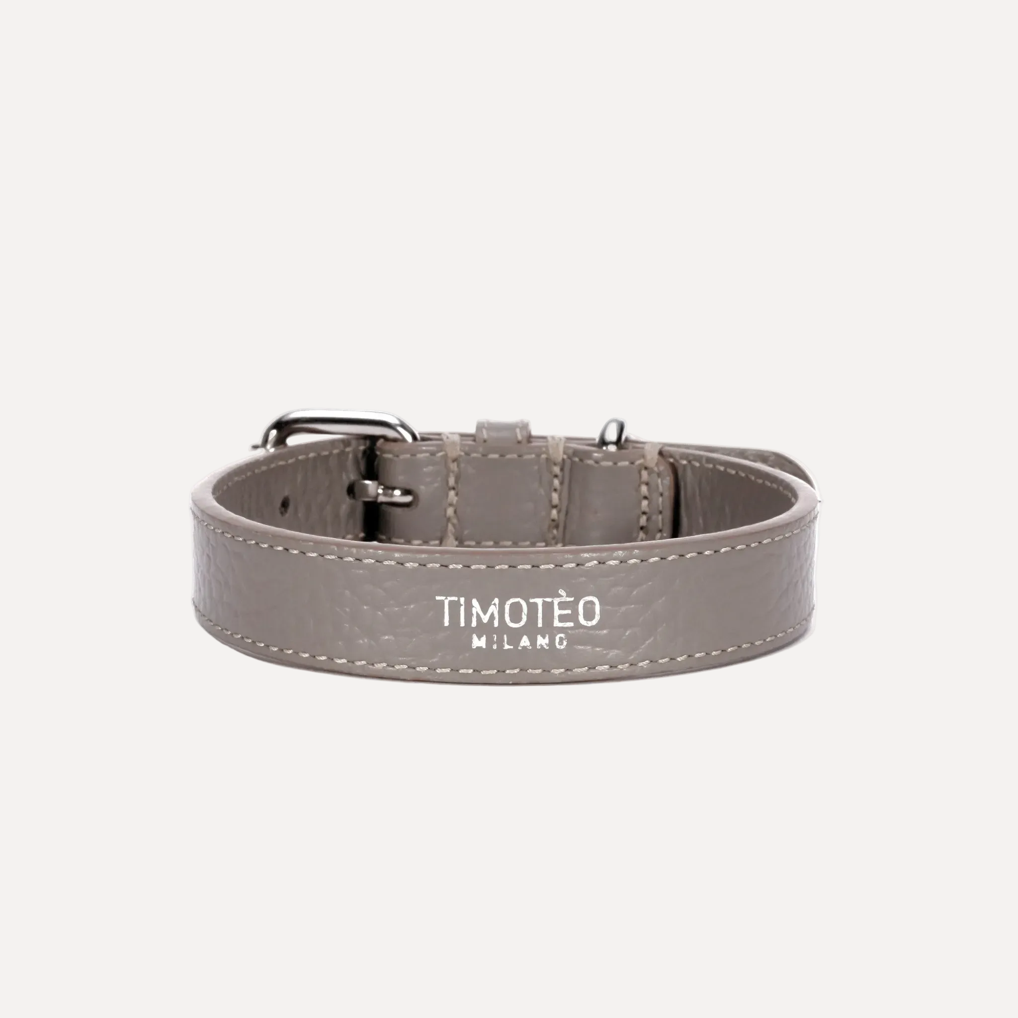 Collare in pelle taupe con logo TIMOTEO MILANO e fibbia singola