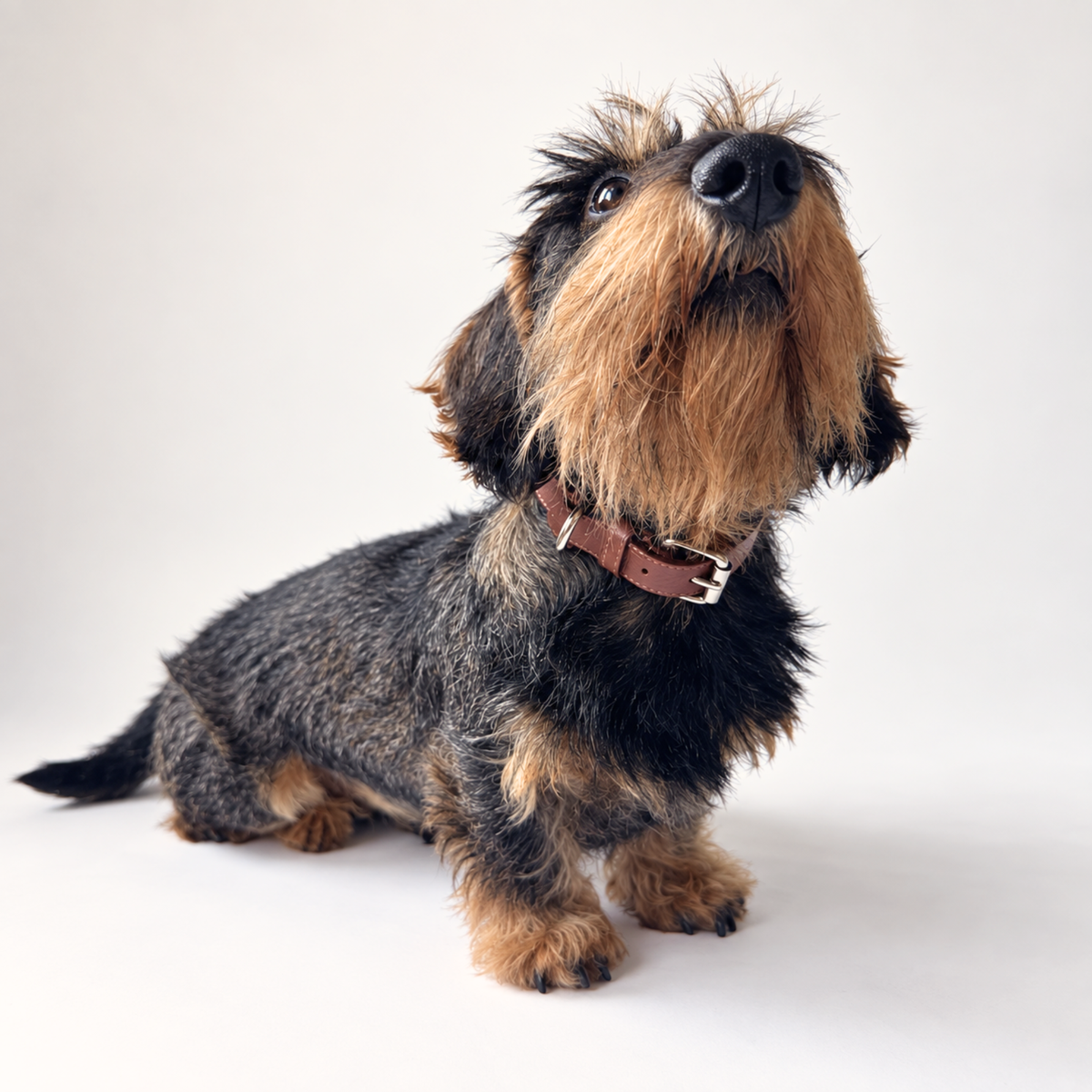 Collare in pelle Cinnamon marrone con fibbia metallica, indossato da cane a pelo scuro